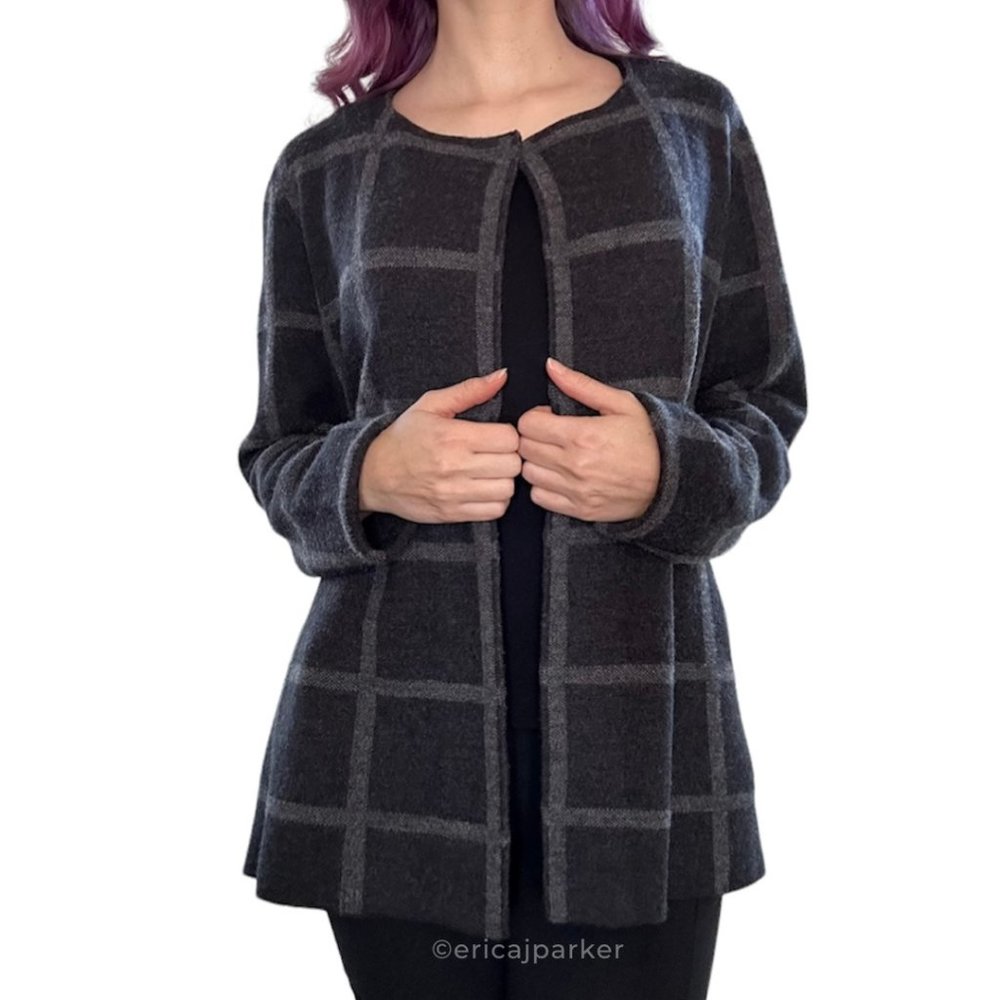 Eileen Fisher Felted Merino Wool Windowpane Check Cardigan Size Small